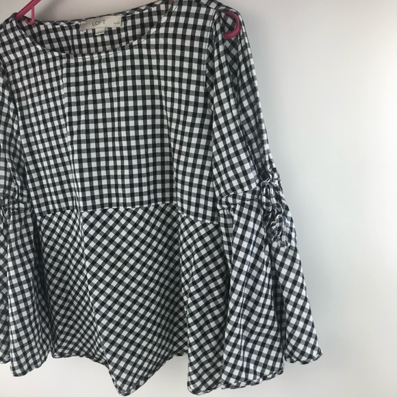 Ann Taylor Loft Black White Gingham Blouse Bell Sl - Picture 8 of 8